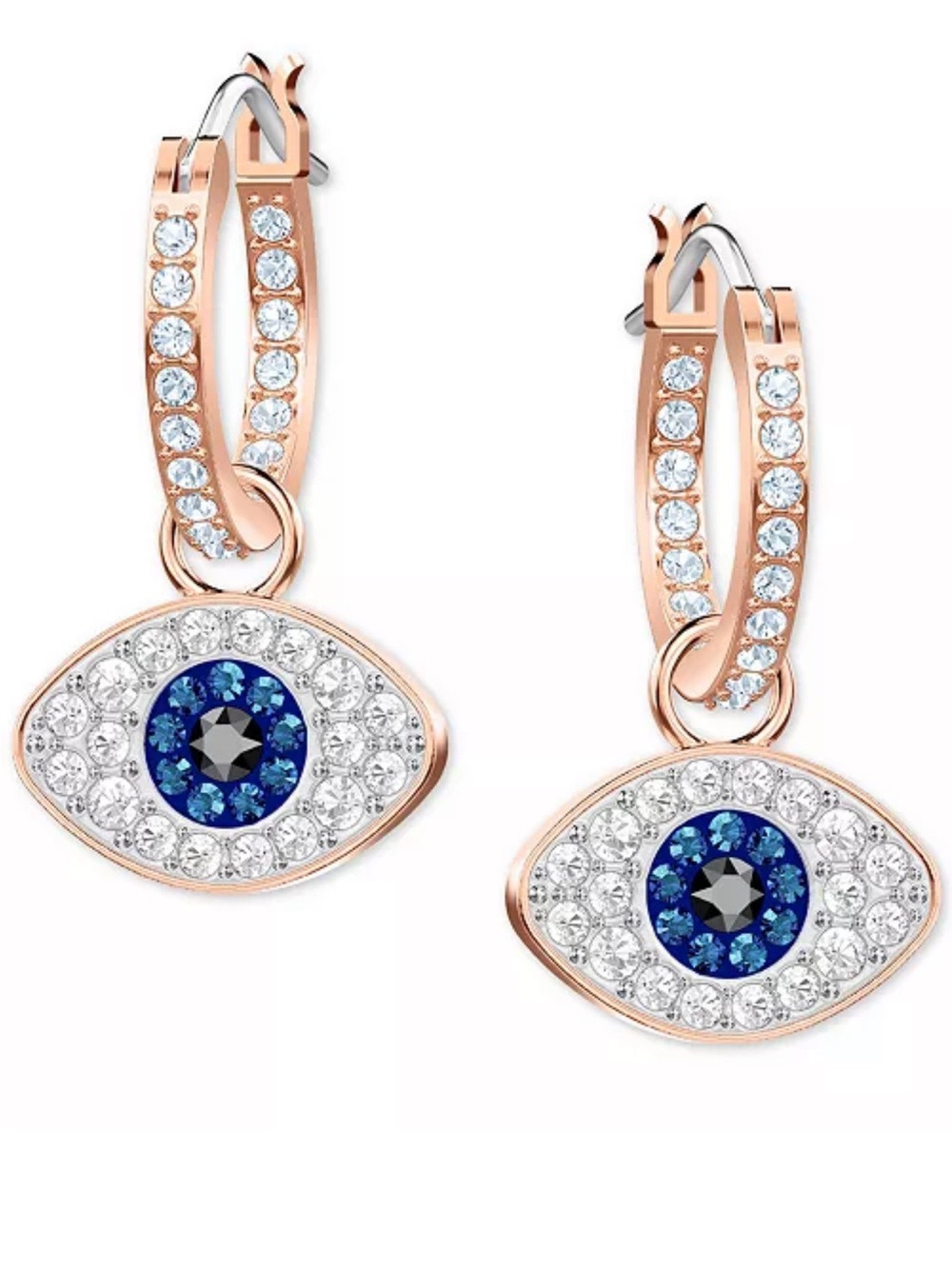 NEW: Swarovski Rose Gold Hoop Earrings with Blue and Clear Crystal Eye Charms